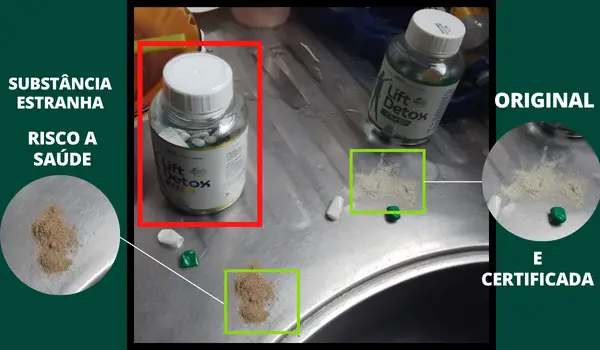Comparativo entre componentes do lift detox caps falsificado e original
